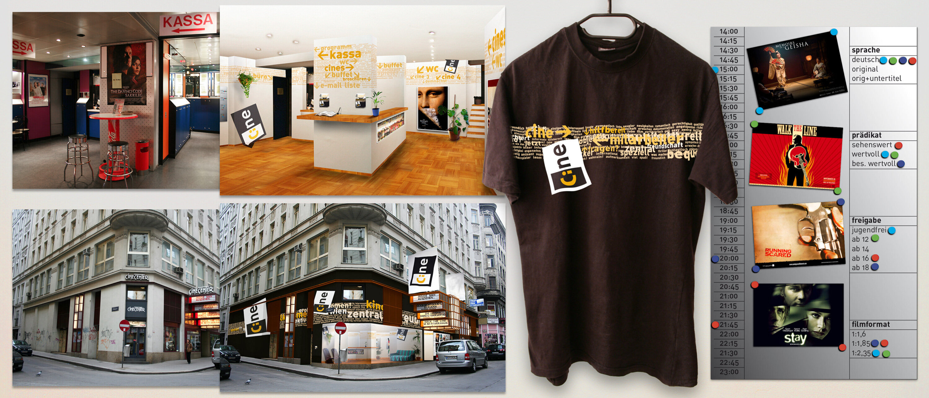 CINE redesign: Building Transformation and Staff Apparel
Before and after views of CINE's revamped interior and exterior, staff t-shirt, and the innovative magnetic facade schedule.