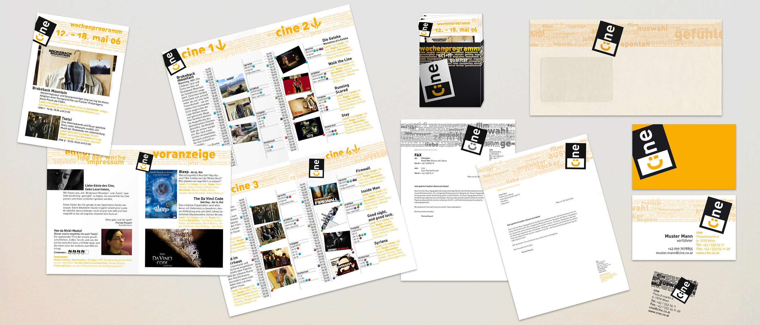 CINE CENTER Print Materials: Elegantly Crafted Cinematic Stationery
   
    
        
            Folded and unfolded CINE weekly programs, with business card, letter paper, envelope, fax template, stamp, and wall carry box.